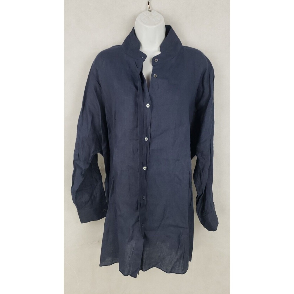Women's SHI 100% Linen Dark Blue Oversize Button Lagenlook Sheer O/S Shirt Top